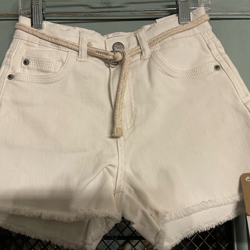Mayoral White Jean Shorts with Rope Belt size 8 in girls  NWT